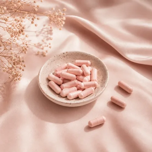 Pale pink capsules in a speckled ceramic dish on blush silk, with a few loose capsules and dried gypsophila alongside