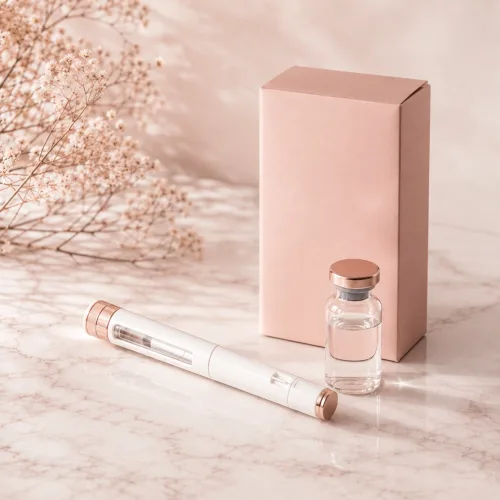 A white injection pen and a small glass vial with rose-gold caps on pale marble, beside a blush gift box and dried gypsophila