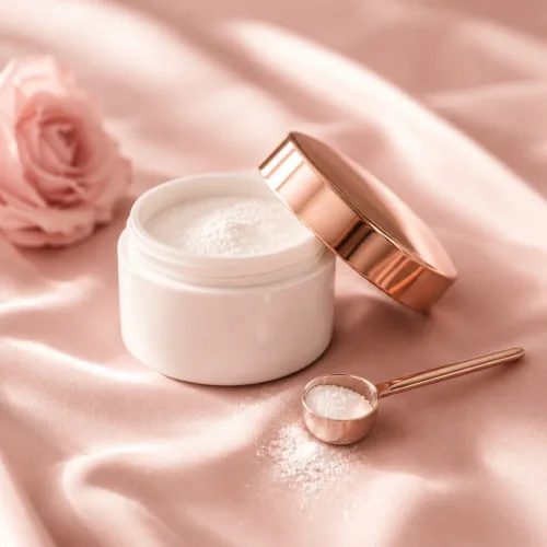An open white jar of fine powder with a rose-gold lid and a small measuring spoon resting on blush silk, next to a pale pink rose
