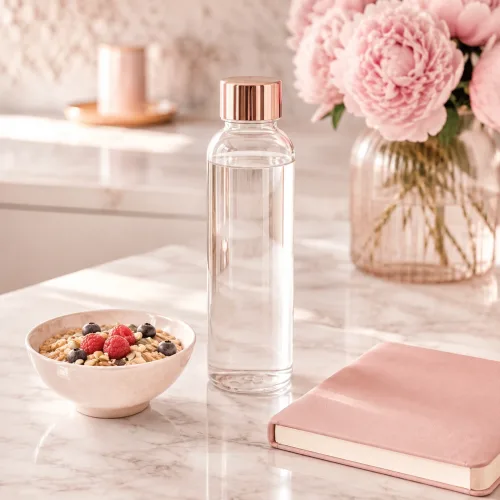 A glass water bottle, a bowl of oats with raspberries and blueberries, and a blush notebook on a marble counter beside pink peonies